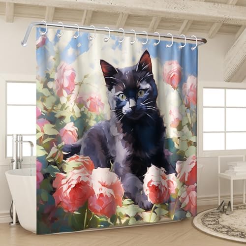 Cute Black Cat Rose Theme kids shower curtain