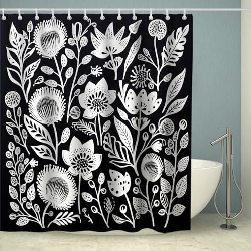 OTRANTO Black and White Floral Shower Curtain Set