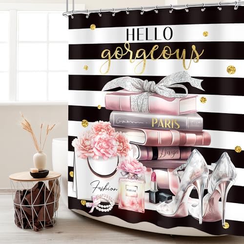 Cinbloo Black Pink Bathroom Shower Curtain Set