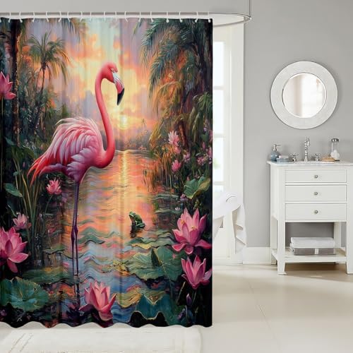 Pink Flamingo Shower Curtain Set with 12 Hooks