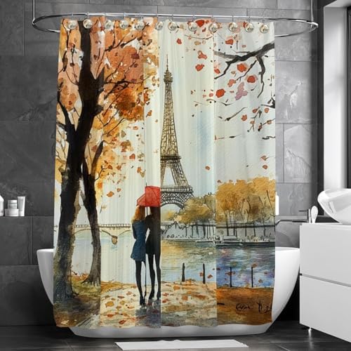 VAPOKF Girls Paris Tower Print Shower Curtain Set with 10 Hooks 66x72 in