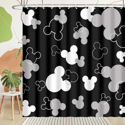 Mouse Head Shower Curtain for Children Black Background with Cartoons