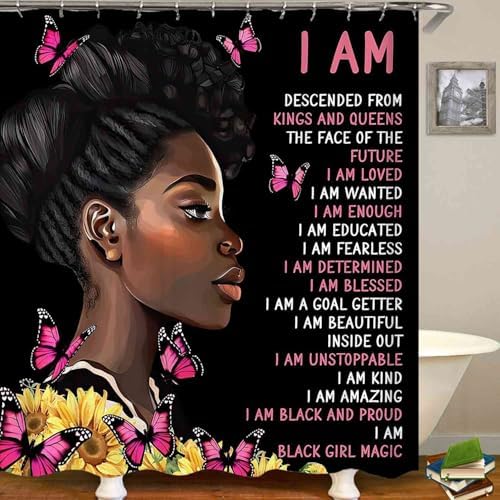 4PCS Black Girl Shower Curtain Set with Rugs Quotes