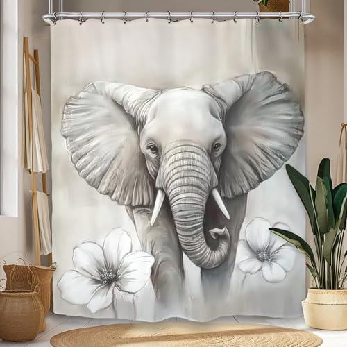 Cute Elephant Shower Curtain with 12 Hooks