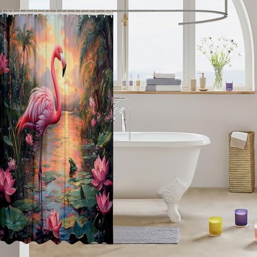Pink Flamingo Shower Curtain Set with 12 Hooks