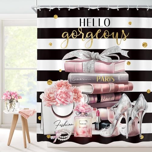 Cinbloo Black Pink Bathroom Shower Curtain Set