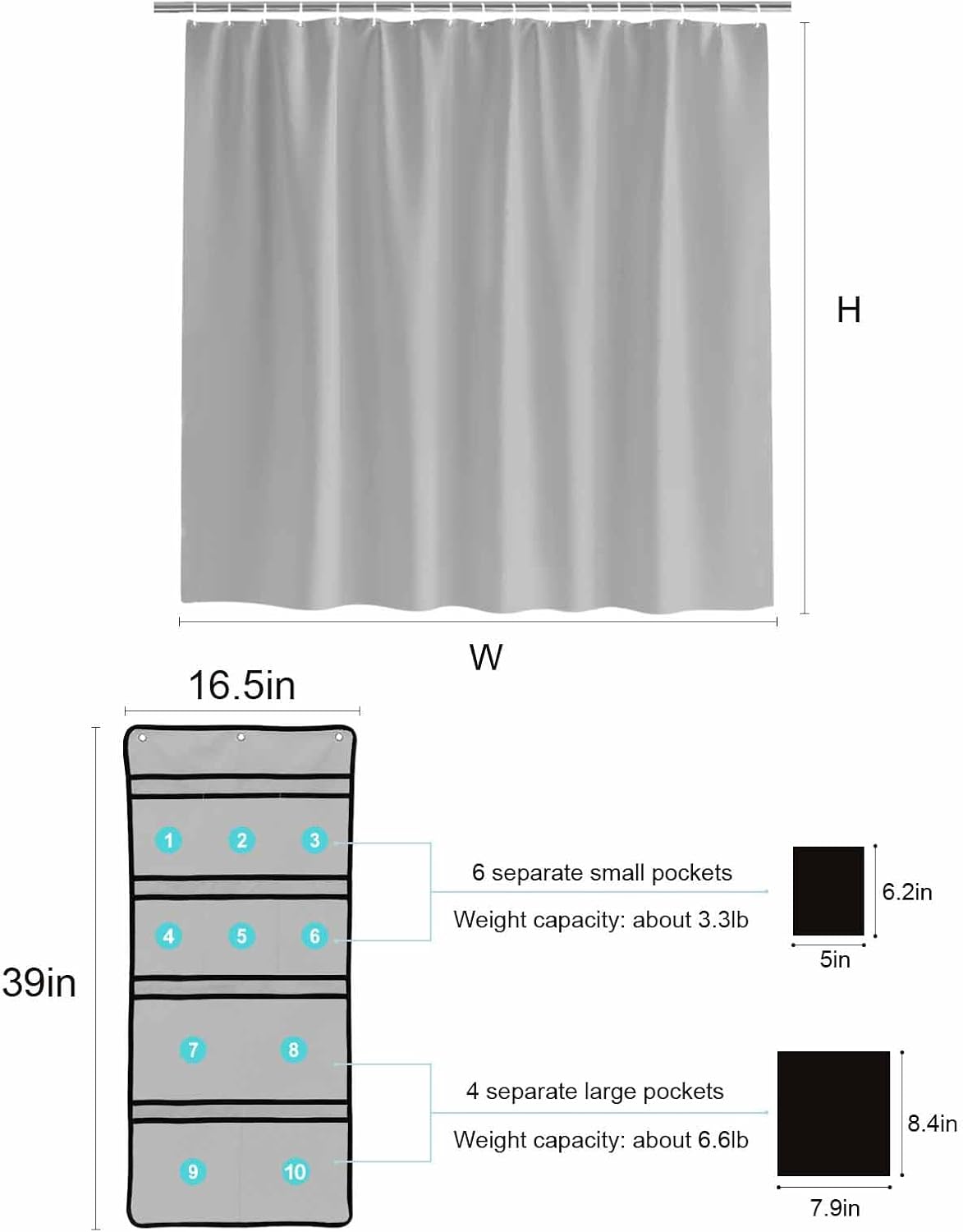 EZON-CH 36x78 stainless shower curtain set with hanging organizer Charcoal Gray