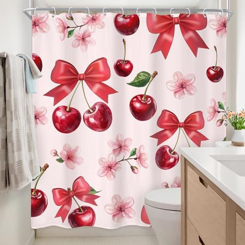 Pink Bow Cherry Shower Curtain 60x72 In