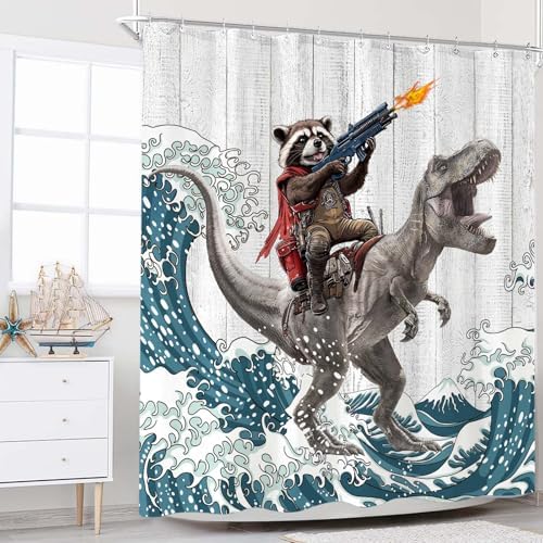Funny Raccoon Dinosaur Bath Curtain