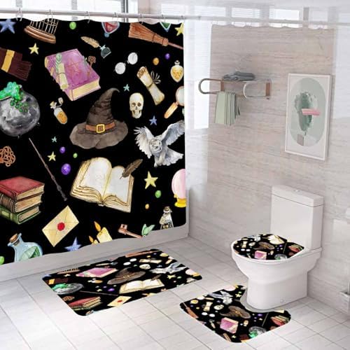 4PCS Witchy Magic Halloween Shower Curtain Set with Rugs