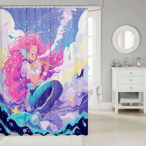 Mermaid Girl Shower Curtain Set with Musical Design 1