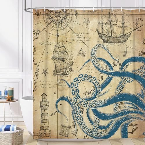 VEIGIKE - Nautical Octopus Fun Bathroom Shower Curtain 60x72 inches