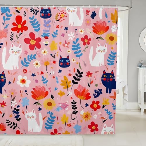 Manfei Floral Cat Shower Curtain 72x78 Blue White discharged