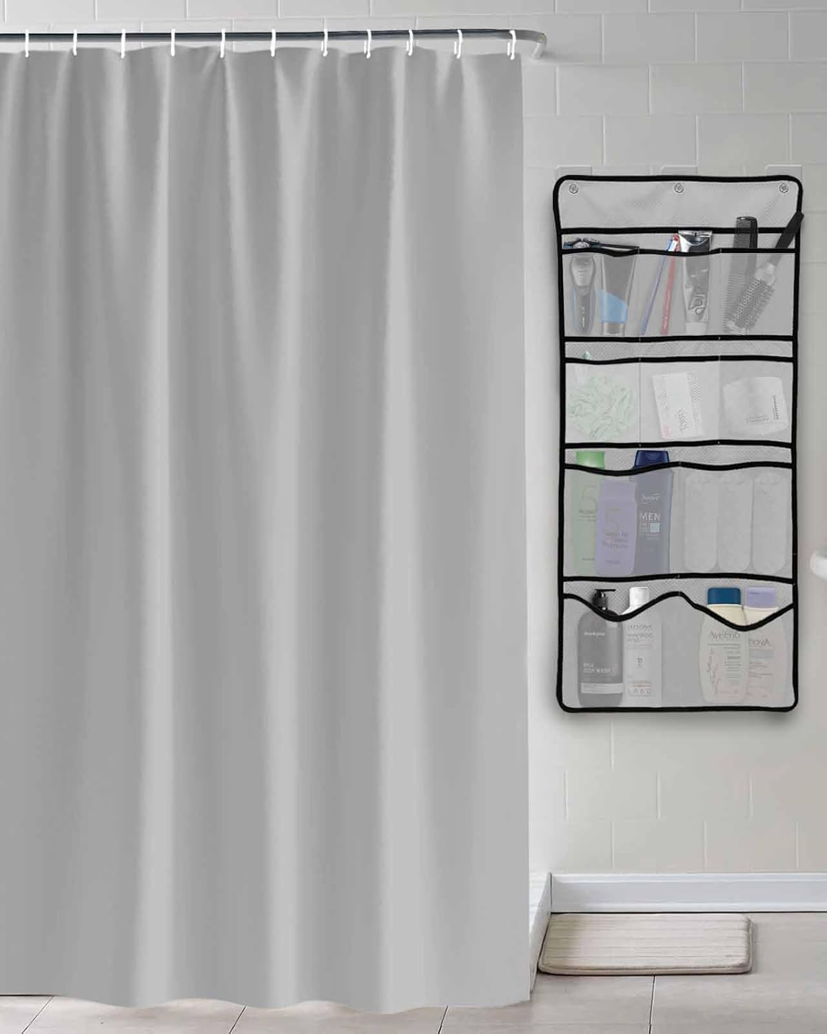 EZON-CH 36x78 stainless shower curtain set with hanging organizer Charcoal Gray