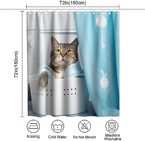 Cute Cat Bathing Shower Curtain Set with Hooks