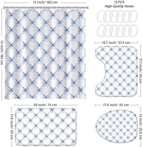 KAIRA 4 Pcs Blue White Bow Bathroom Set with Mats and Hooks