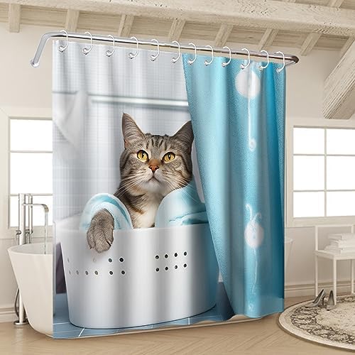Cute Cat Bathing Shower Curtain Set with Hooks