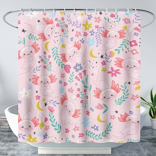 Qoomo Cartoon Axolotl Pink Bath Shower Curtain 72x72 inches
