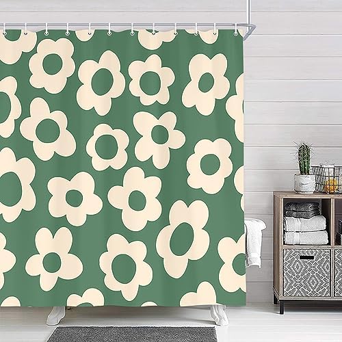 Stunning Sage Green Daisy Shower Curtain Boho Retro Sage Green Design