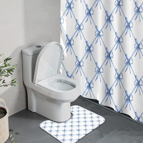 KAIRA 4 Pcs Blue White Bow Bathroom Set with Mats and Hooks