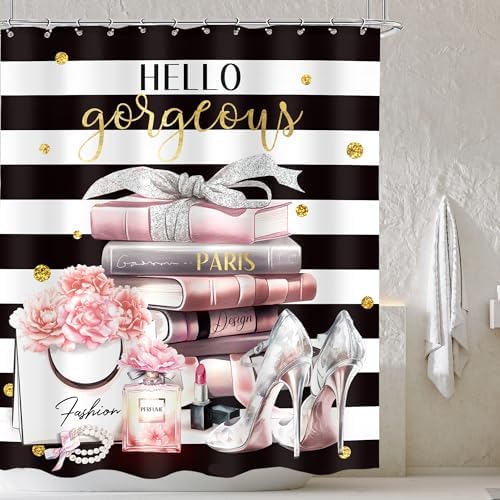 Cinbloo Black Pink Bathroom Shower Curtain Set