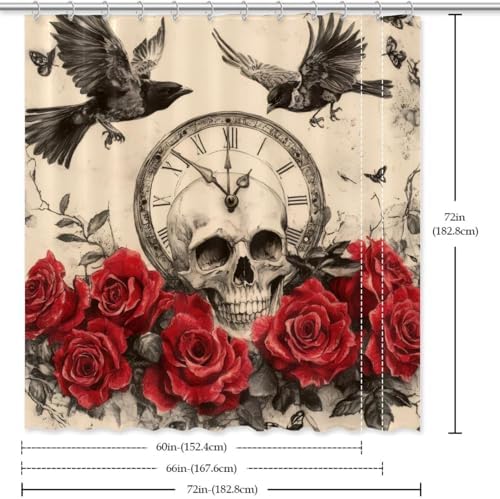 Vintage Skull Clock Red Roses Bath Curtain