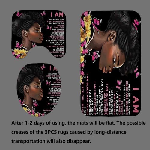 4PCS Black Girl Shower Curtain Set with Rugs Quotes