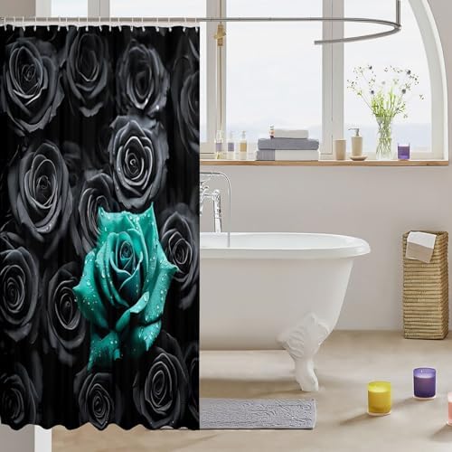 Erosebridal Black and Teal 3D Rose Shower Curtain Set