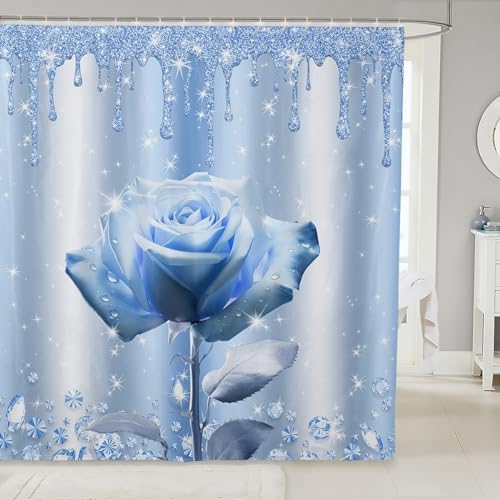 Stunning Blue Rose Shock Drop Water Resistant Bath Curtains with 12 Hooks