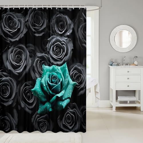 Erosebridal Black and Teal 3D Rose Shower Curtain Set
