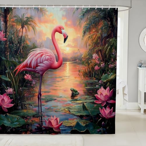 Pink Flamingo Shower Curtain Set with 12 Hooks