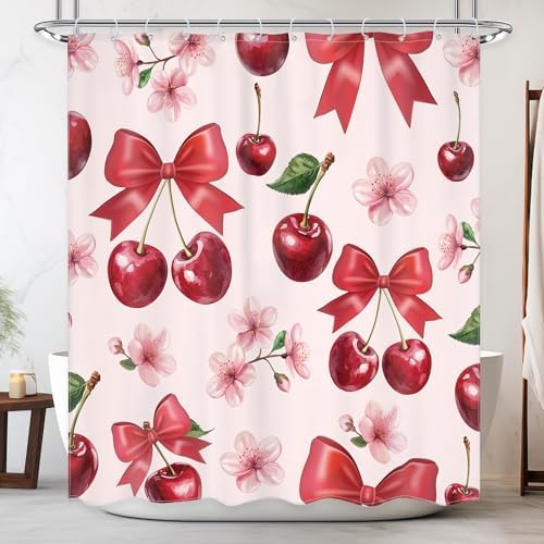 Pink Bow Cherry Shower Curtain 60x72 In