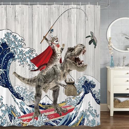 Send A Cat Dinosaur Blue Ocean Cat Shower Curtain Set
