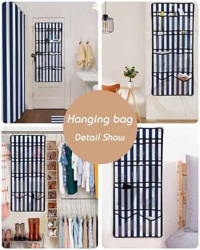 Navy Blue Waterproof Folding Shower Curtain with Hanging Organizer