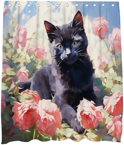 Cute Black Cat Rose Theme kids shower curtain