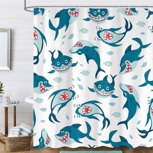 SokdcamFunny Shark Shower Curtain Ocean Wild Fish Kids Bathroom Curtain Set