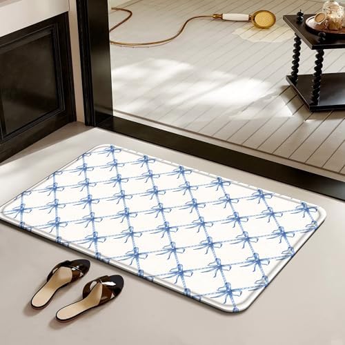 KAIRA 4 Pcs Blue White Bow Bathroom Set with Mats and Hooks