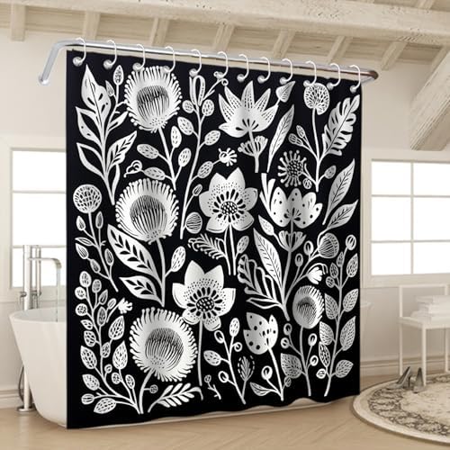 OTRANTO Black and White Floral Shower Curtain Set