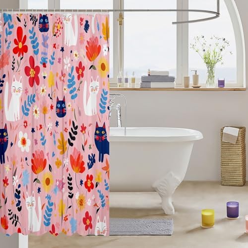 Manfei Floral Cat Shower Curtain 72x78 Blue White discharged
