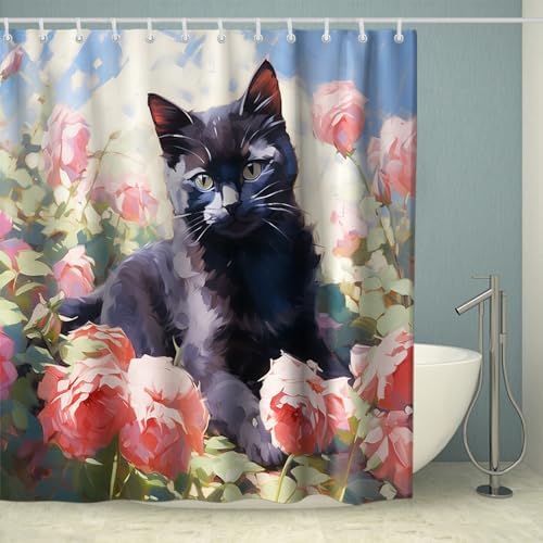 Cute Black Cat Rose Theme kids shower curtain
