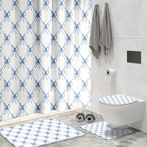 KAIRA 4 Pcs Blue White Bow Bathroom Set with Mats and Hooks