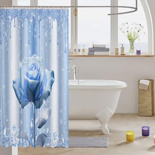 Stunning Blue Rose Shock Drop Water Resistant Bath Curtains with 12 Hooks