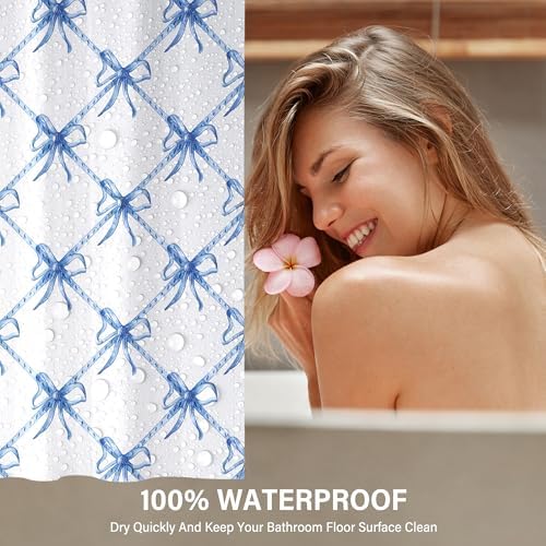 KAIRA 4 Pcs Blue White Bow Bathroom Set with Mats and Hooks