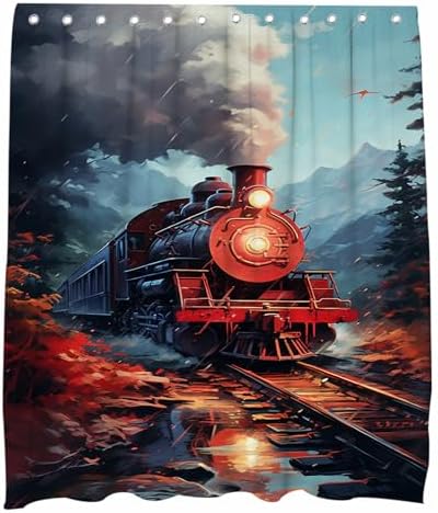 Antique Steam Engine Shower Curtain Red Train Nagarcoloka