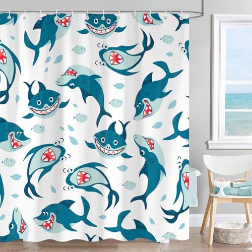 SokdcamFunny Shark Shower Curtain Ocean Wild Fish Kids Bathroom Curtain Set