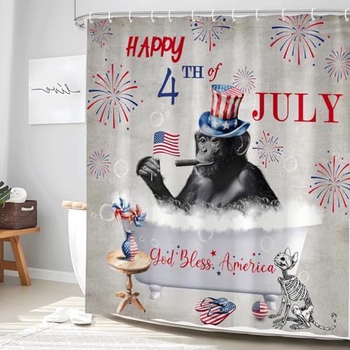 Patriotic Monkey 4th of July 70-inch shower curtain with American Flag design