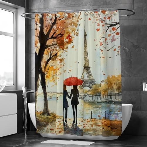 VAPOKF Girls Paris Tower Print Shower Curtain Set with 10 Hooks 66x72 in