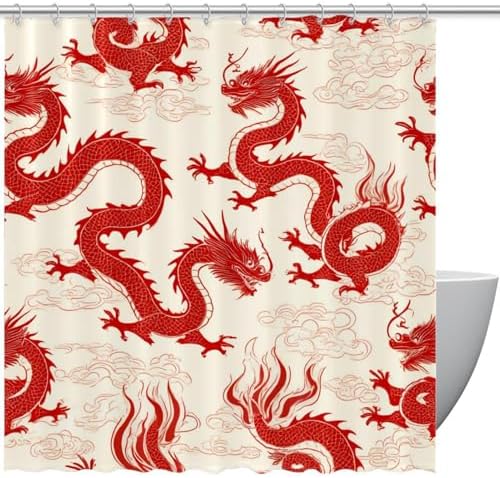 Bath Time inspected begins with VAPOKF Red Dragon Auspicious Clouds Shower Curtain Setup