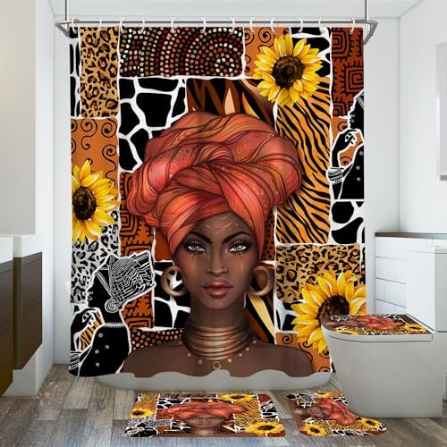 Elegant African-Inspired Black Woman Shower Curtain Set