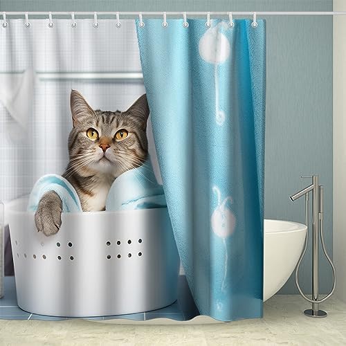 Cute Cat Bathing Shower Curtain Set with Hooks